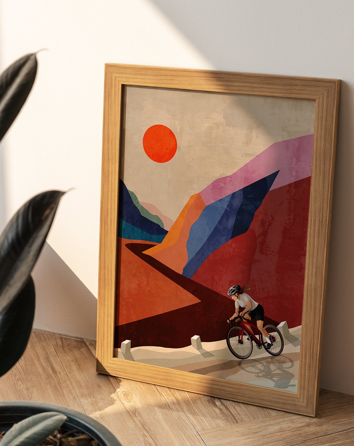 Woman Cyclist Art Print | Descending down the mountain illustration