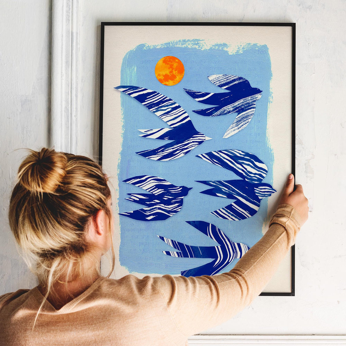 Flock of birds | Colorful fine art print created with a mixed media collage technique.