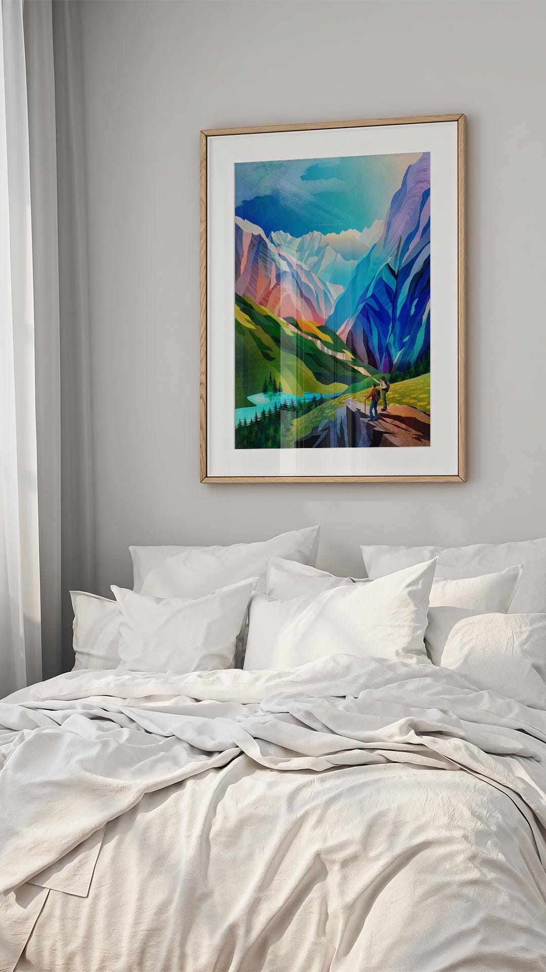 Hiking Couple Art Print | Colorful Mountain View Wall Art