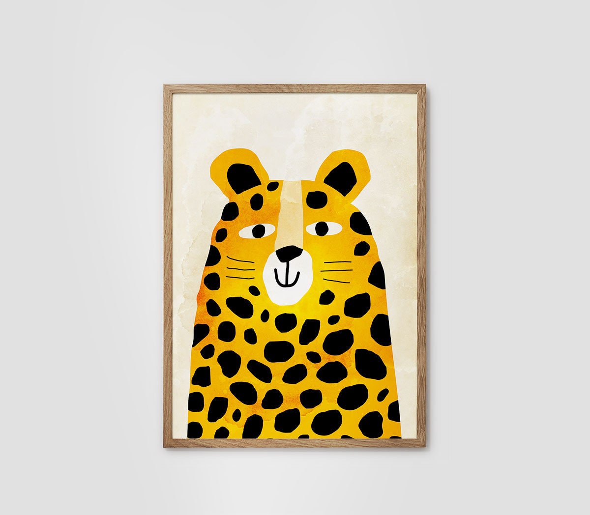 A framed art print featuring a stylized yellow cheetah with black spots on a cream background