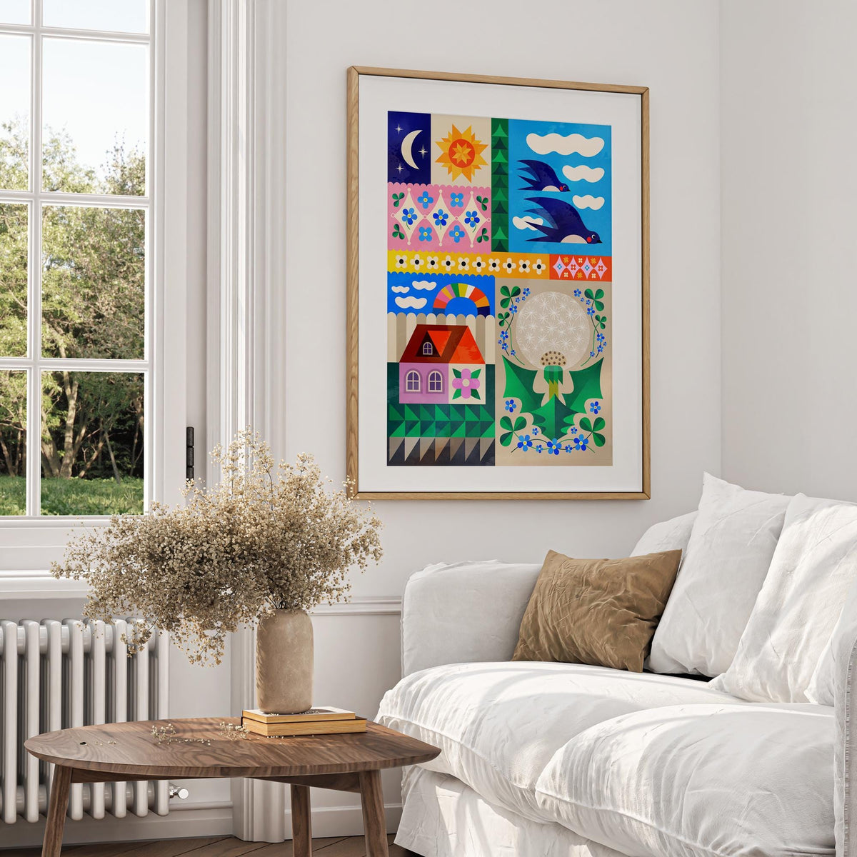 Spring Collage Art Print | Colorful Flowers Folk Wall Art