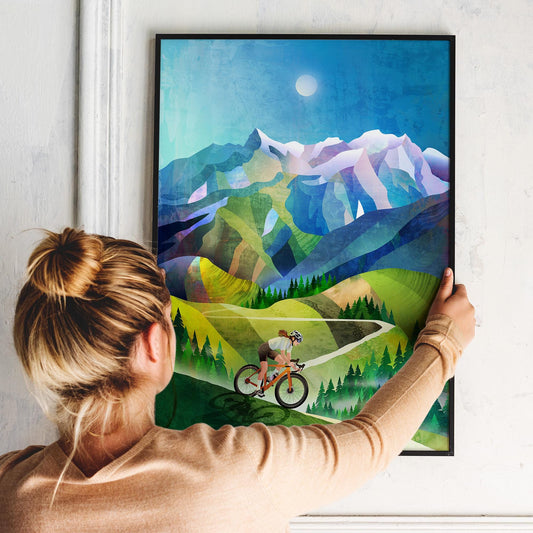 Woman Cyclist Art Print | Mountain Landscape Illustration