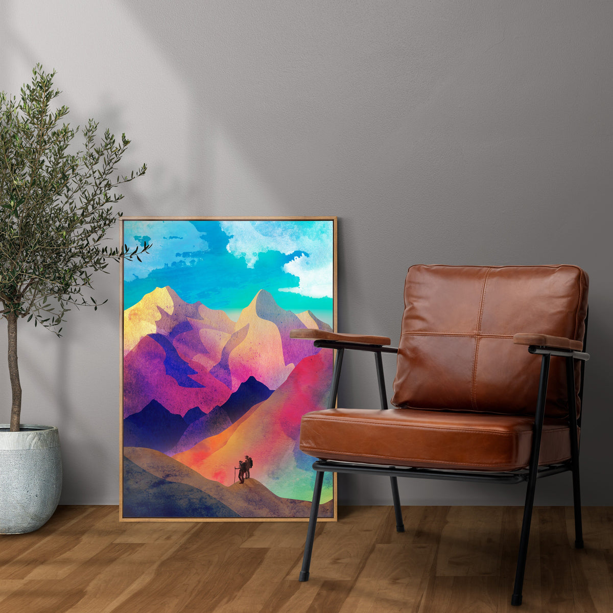 Hiking Couple Art Print | Mountain Hiking Wall Art for Home