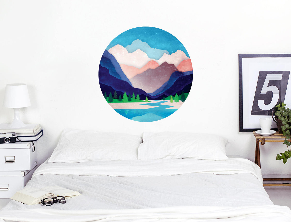 Mountain River Wall Decal | Round Self-Adhesive Removable Wall Sticker
