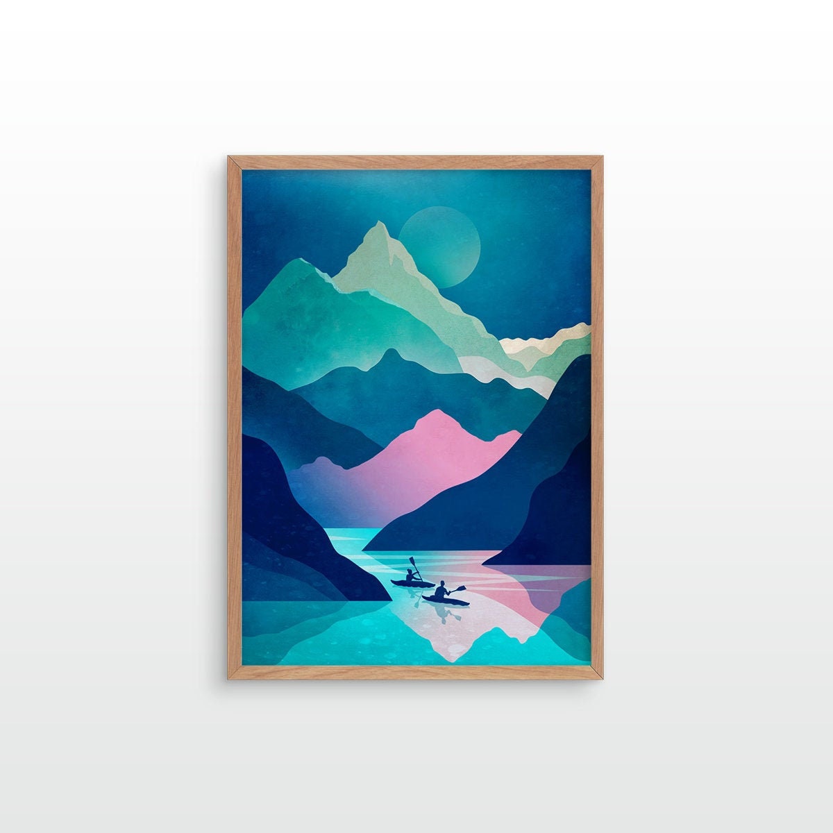 A stylized geometric mountain landscape in shades of teal, blue, pink, and white, with a small boat on a lake below.