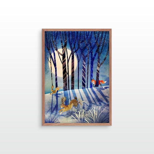 Winter Forest Art Print | Fox and Hares Snowy Landscape Wall Art