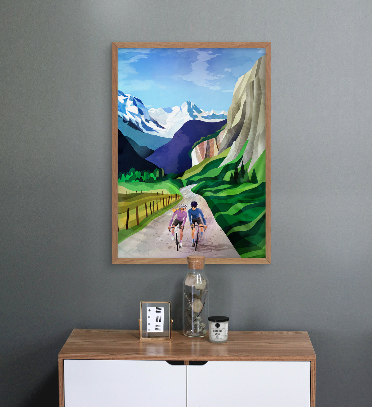 Cycling Couple Art Print | Alps Mountain Bicycle Wall Art