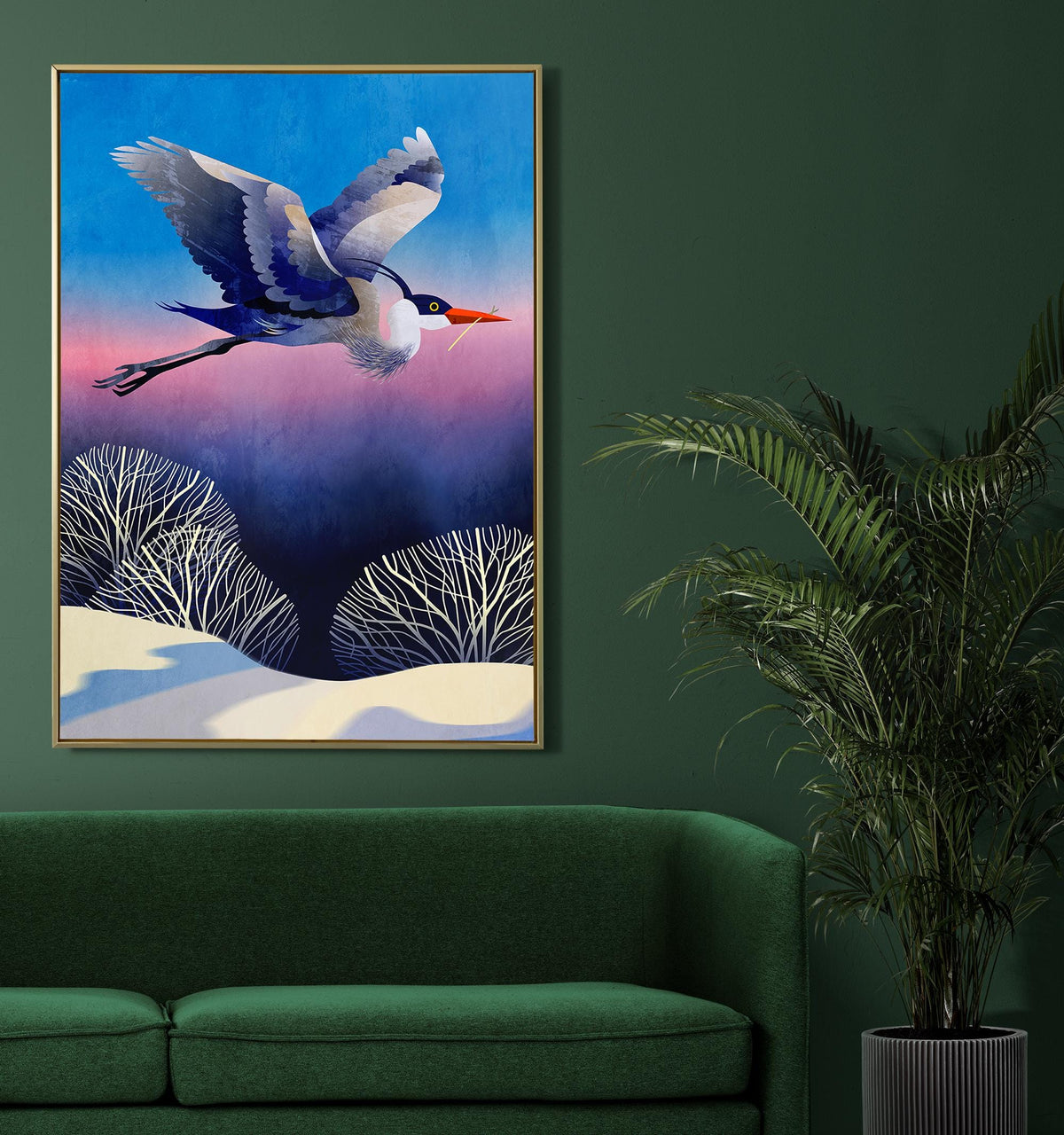 Heron Art Print | Bird Flying Over Snowy Landscape Wall Art