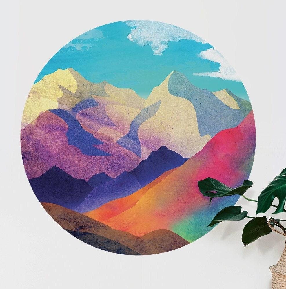 Mountain View Wall Decal | Colorful Round Removable Wall Sticker