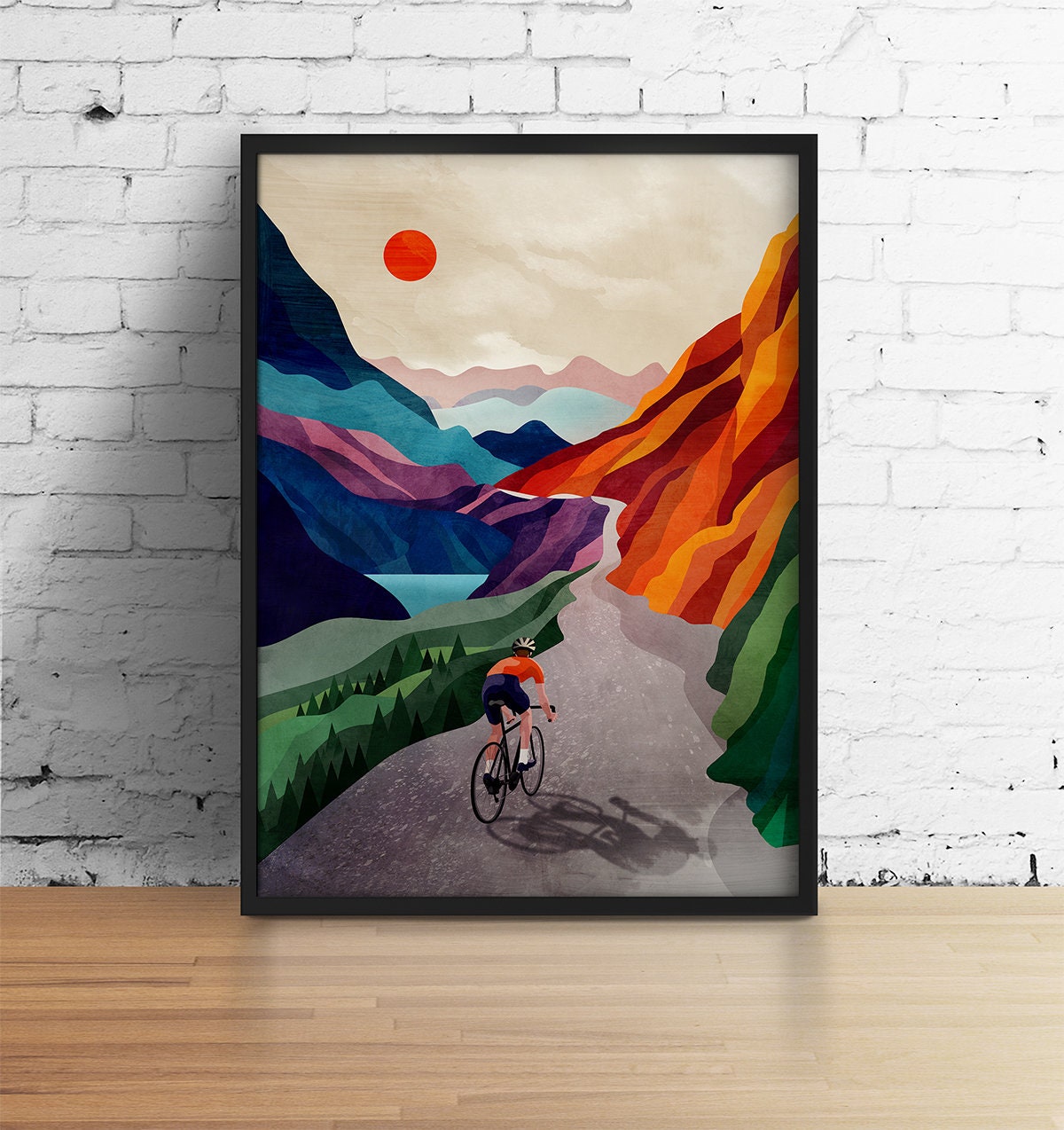 Cycling Art Print | Colorful Mountain Landscape Cyclist Gift