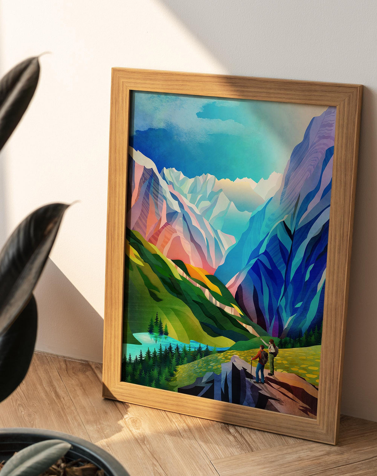 Hiking Couple Art Print | Colorful Mountain View Wall Art