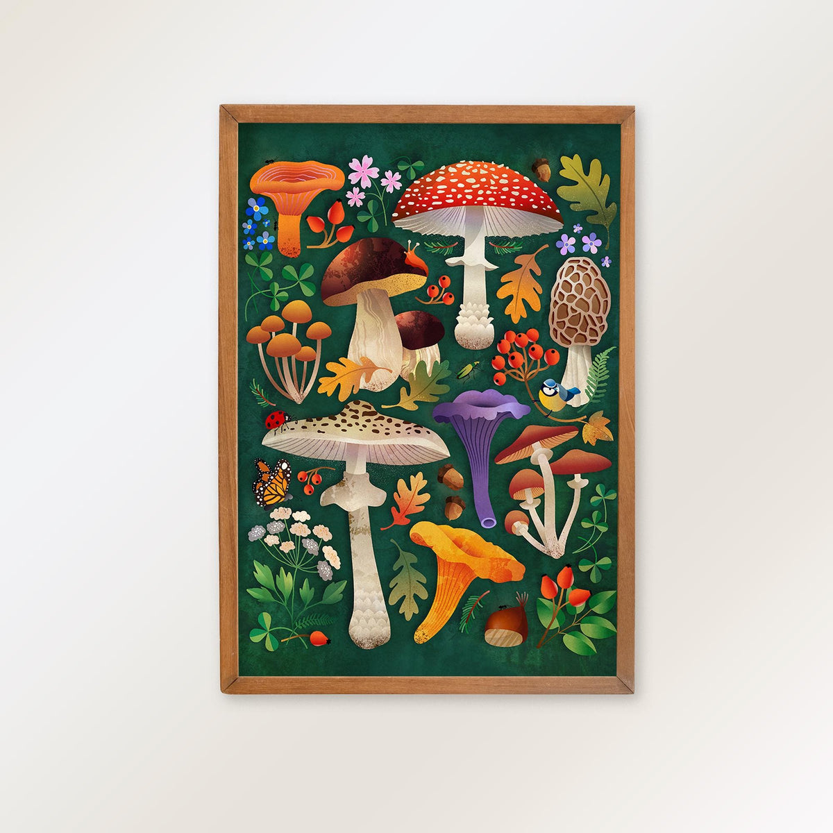 A framed art print featuring a whimsical forest of colorful mushrooms on a dark green background