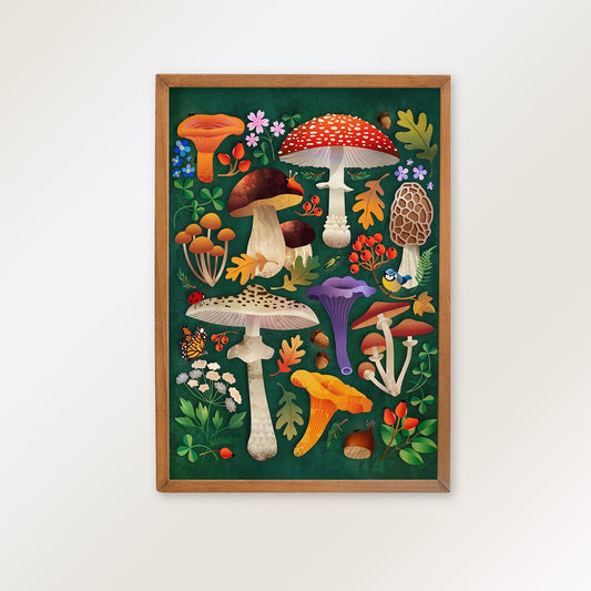 A framed art print featuring a whimsical forest of colorful mushrooms on a dark green background