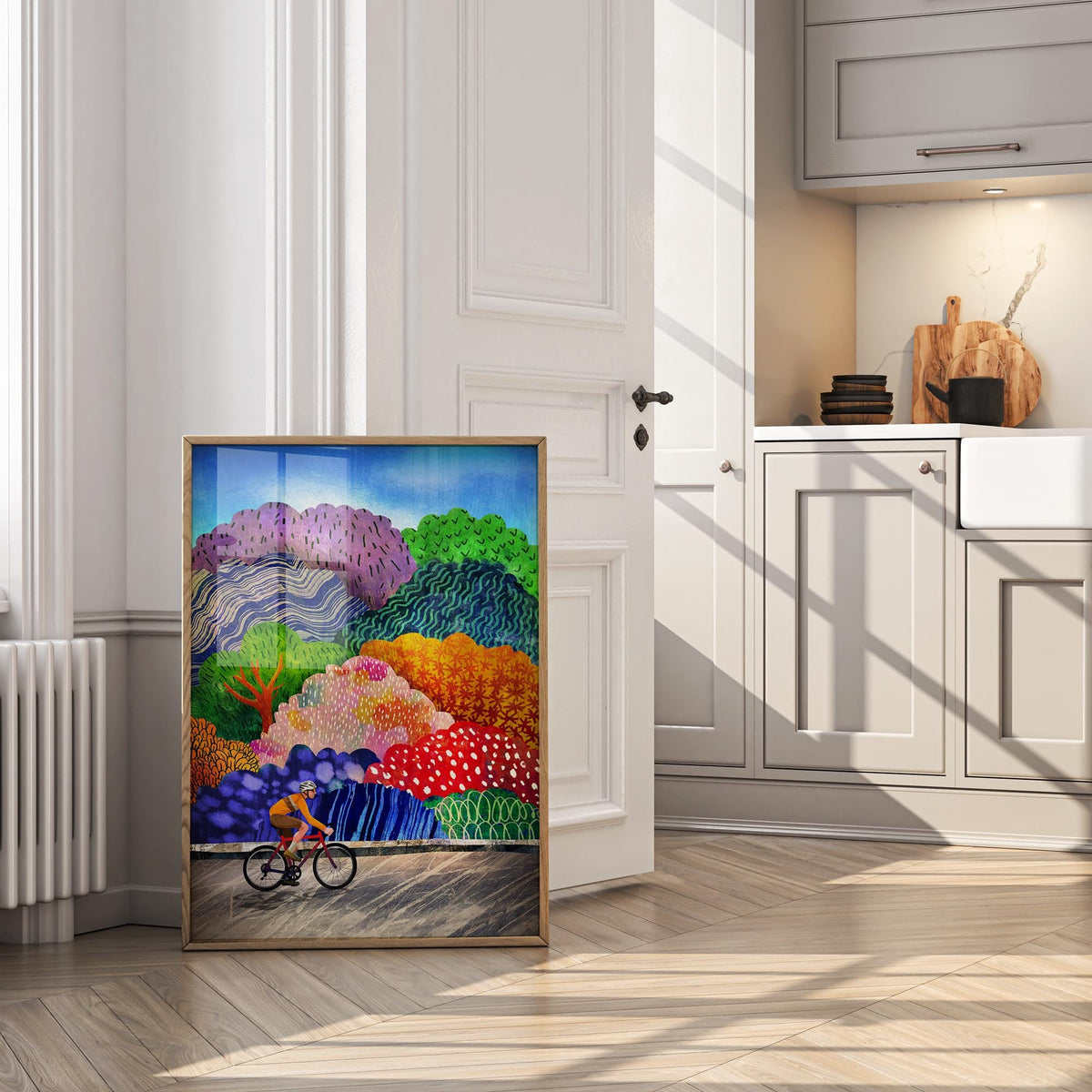 Cyclist Art Print | Colorful Forest Cycling Wall Art