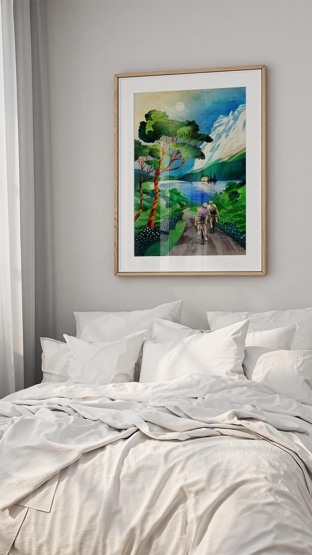 Cycling Couple Art Print | Summer Landscape Illustration