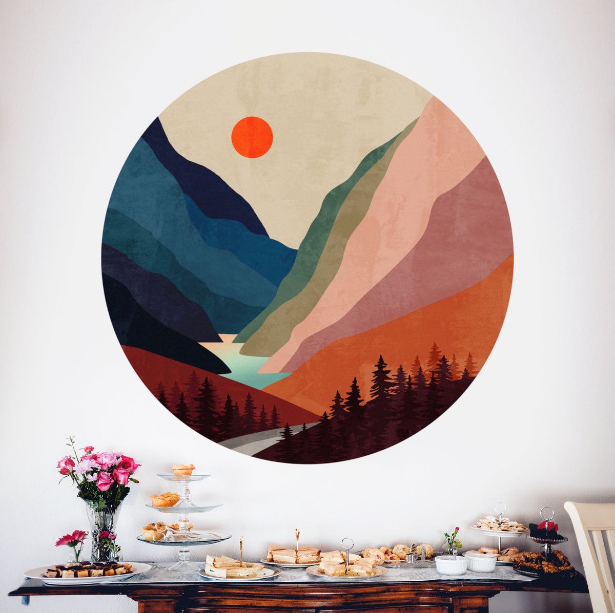 Mountain River Wall Decal | Round Removable Self-Adhesive Wall Sticker