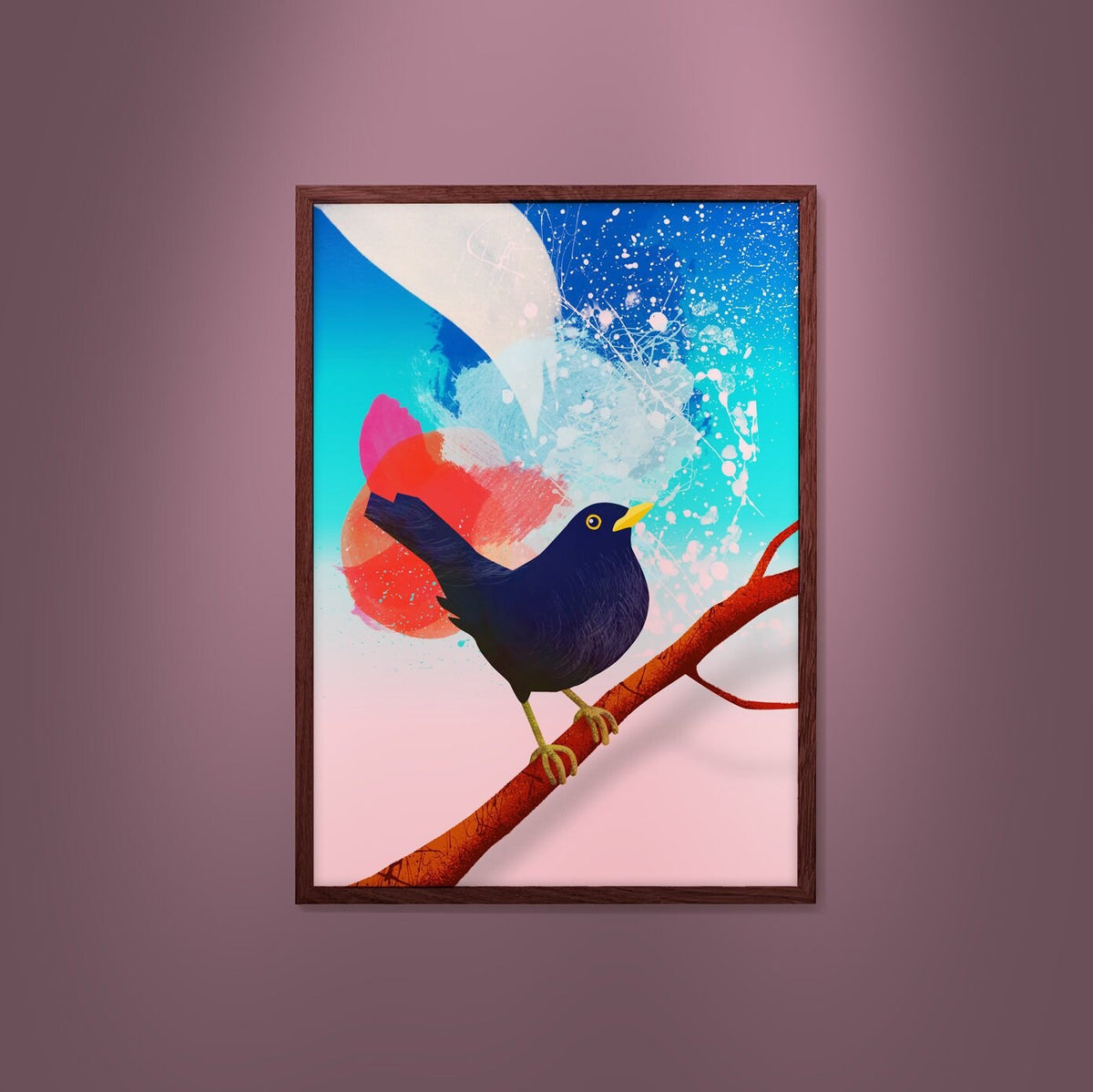 A framed art print featuring a stylized dark bird perched on a branch against a bright blue, white, and pink background, displayed on a mauve wall.