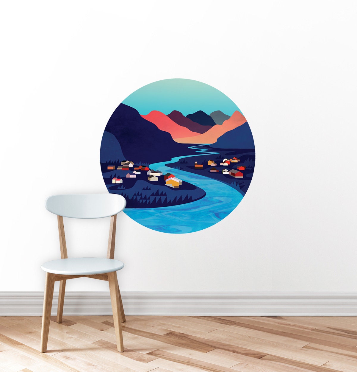River Village Wall Decal | Round Landscape Wall Sticker