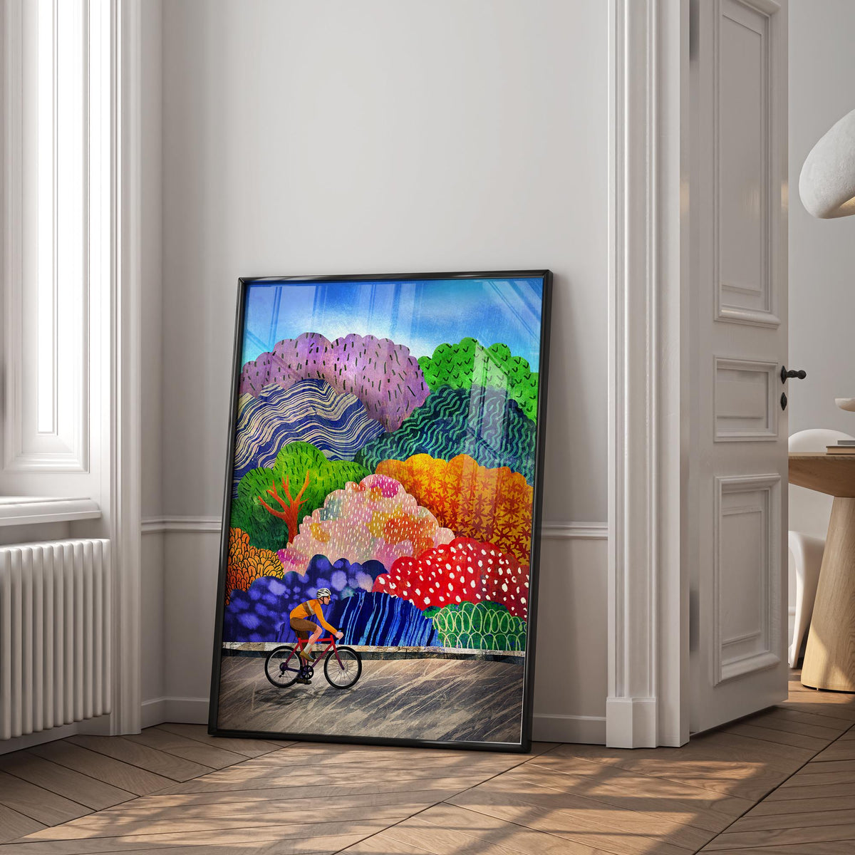 Cyclist Art Print | Colorful Forest Cycling Wall Art