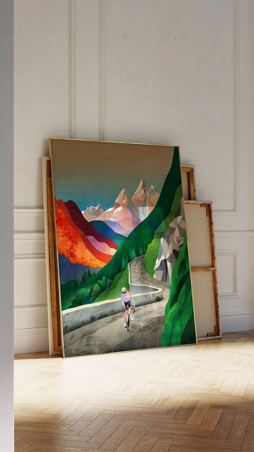 Woman Cycling Art Print | Mountain Landscape Female Cyclist Art
