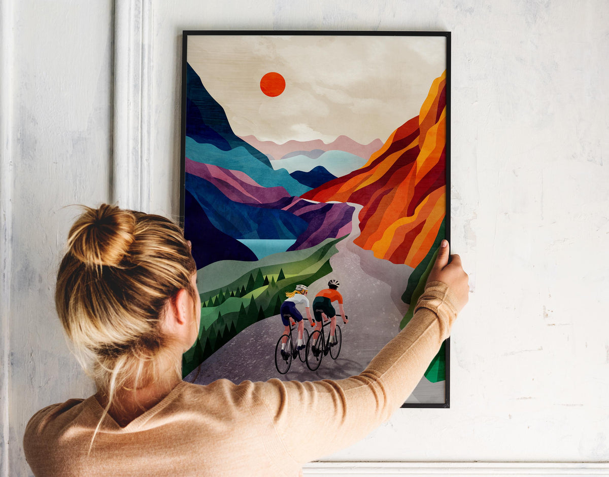 Cycling Couple Art Print | Mountain Landscape Bicycle Wall Art