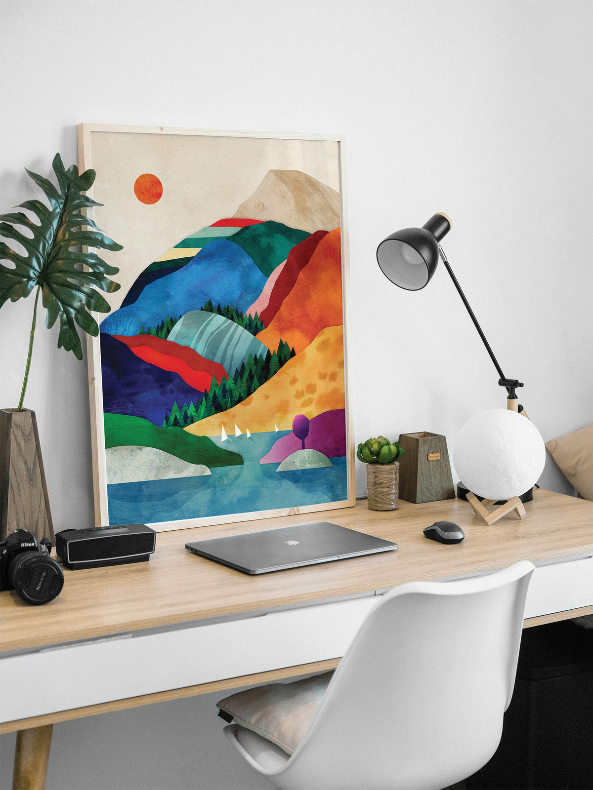 Mountain by the Lake Art Print | Colorful Landscape Illustration