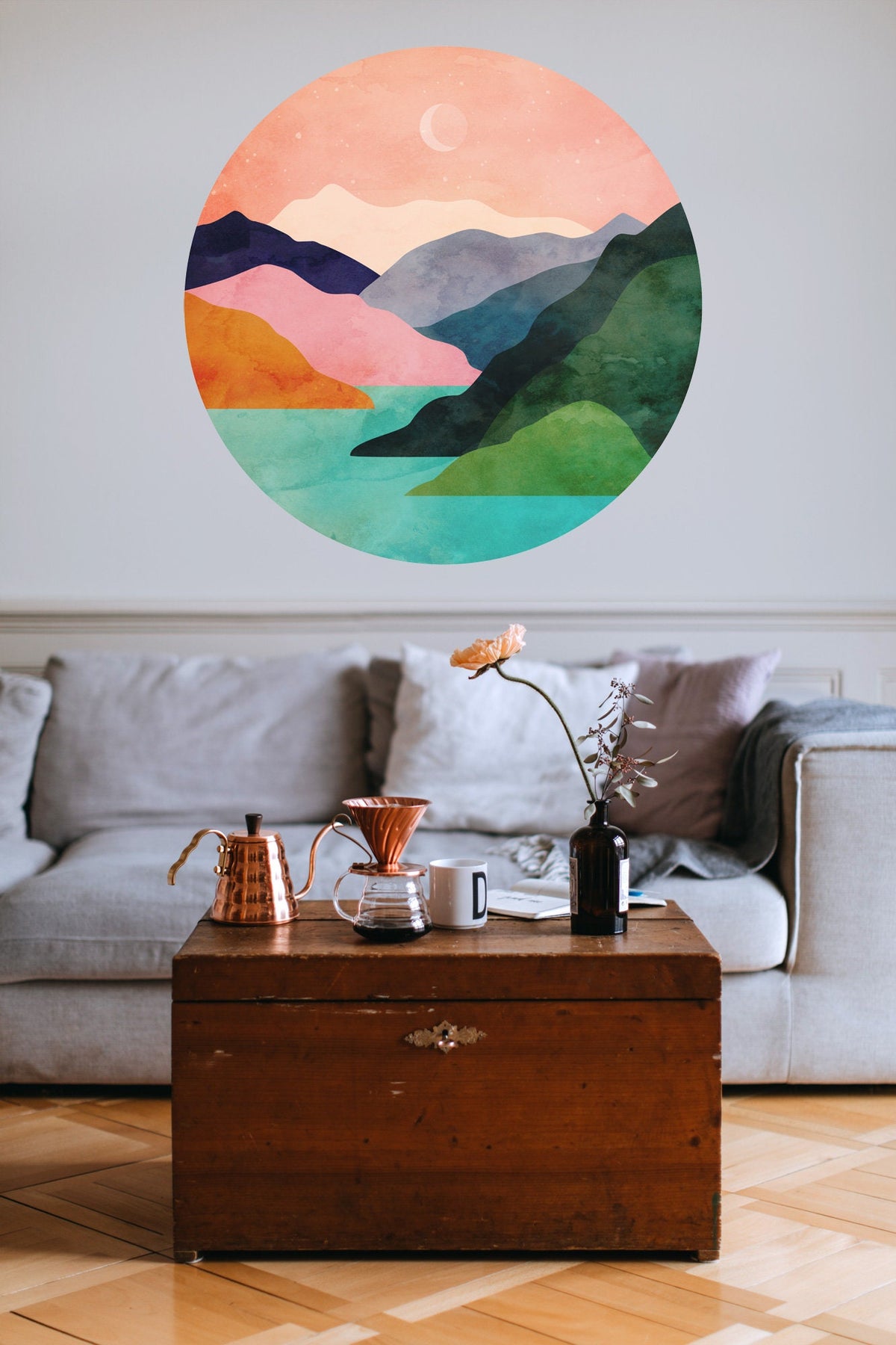 Mountains by the Ocean Wall Decal | Self-Adhesive and Removable Fabric Wall Art.