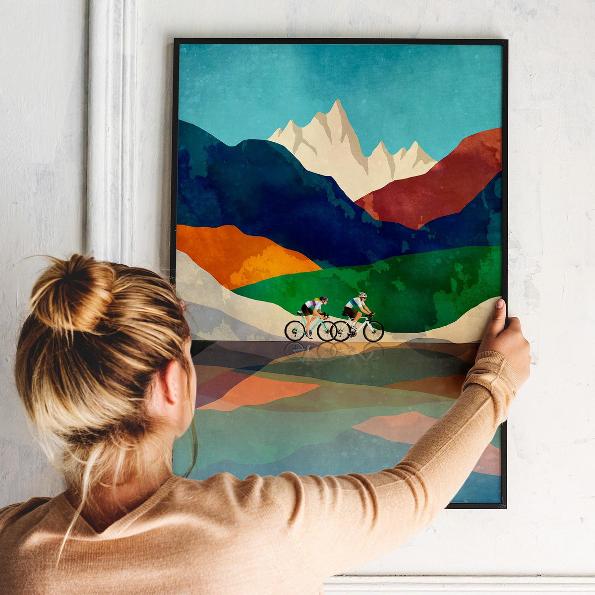 Couple Cycling Art Print | Mountain Landscape Bicycle Wall Art