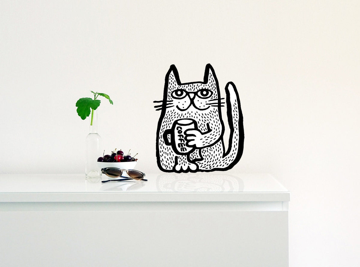 Coffee Cat Wall Decal: Repositionable Woven Polyester Decor