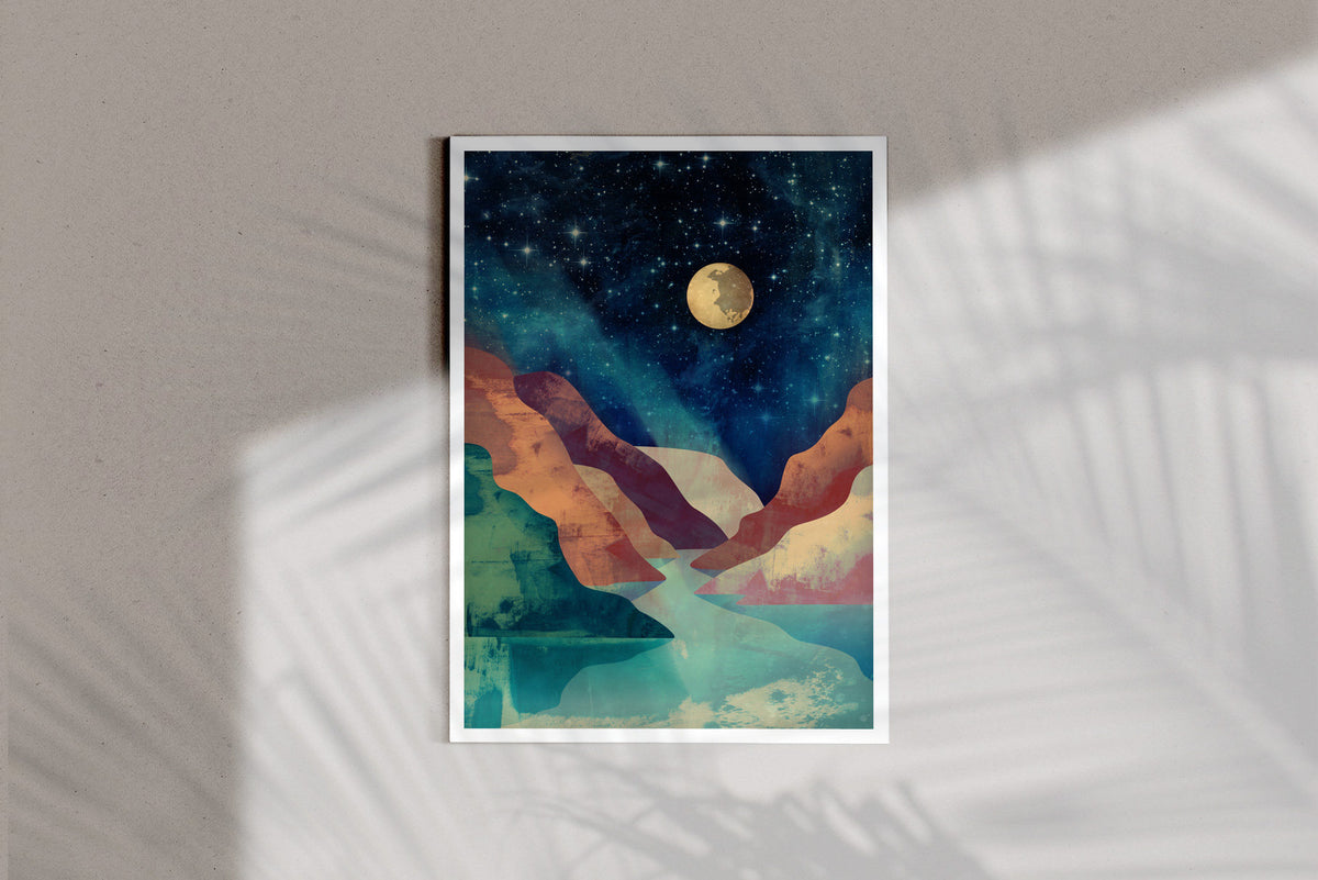 Moon Over Canyon Art Print | River Canyon Landscape Wall Art