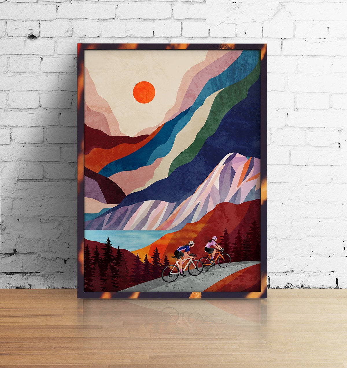 Cycling Friends Art Print | Mountain Landscape Female Cyclists Wall Art