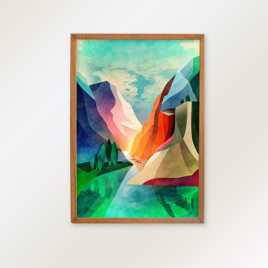 A framed art print featuring a colorful geometric mountain landscape with green, blue, pink, orange, and beige shapes, displayed on a light neutral wall.