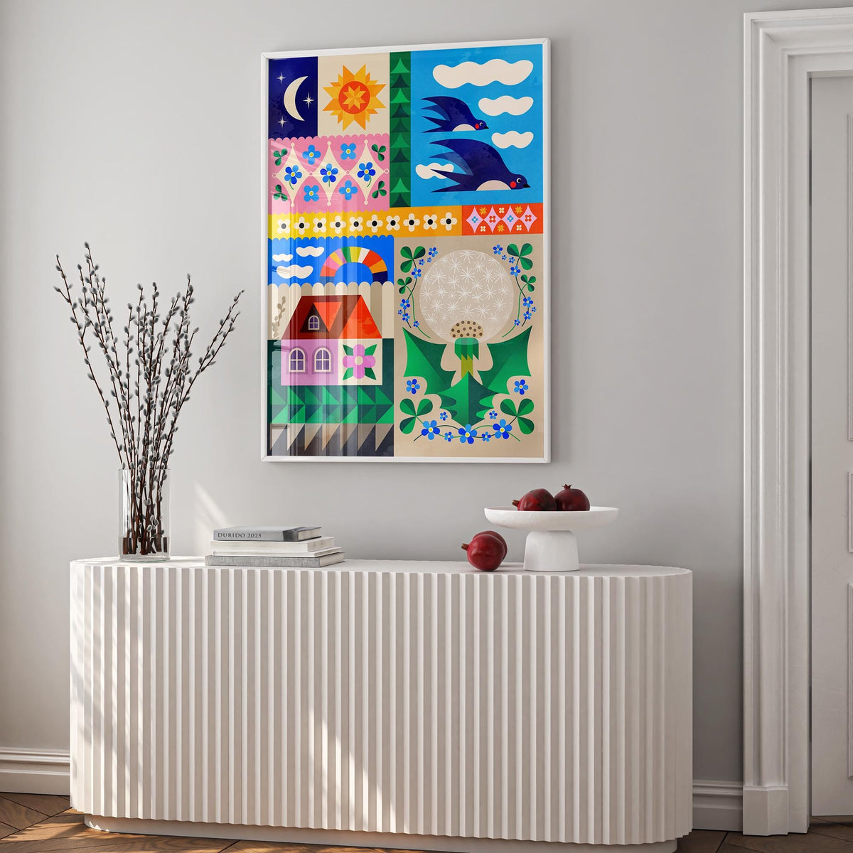 Spring Collage Art Print | Colorful Flowers Folk Wall Art