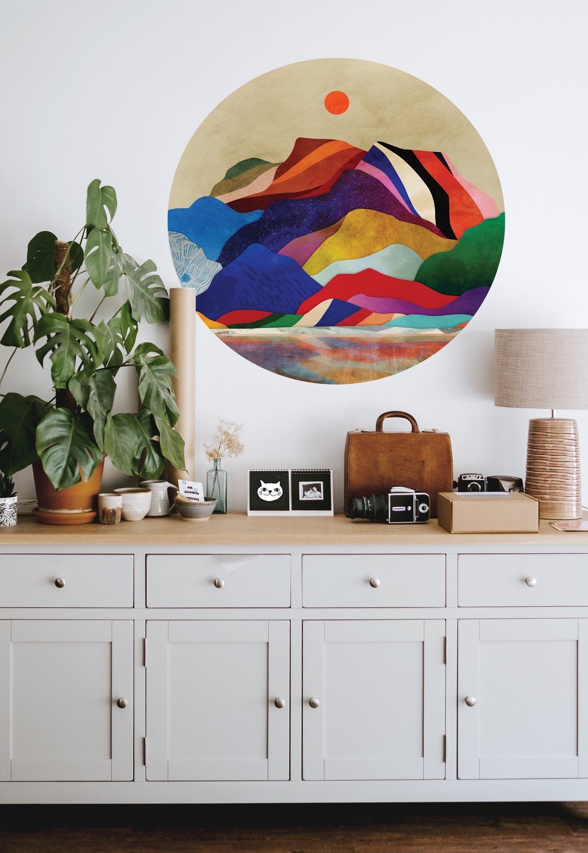 Colorful mountains wall decal. Self adhesive, repositionable and removable fabric.