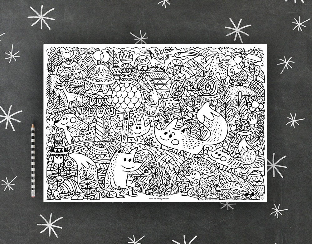 A black and white cartoon forest coloring page