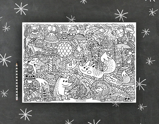 A black and white cartoon forest coloring page
