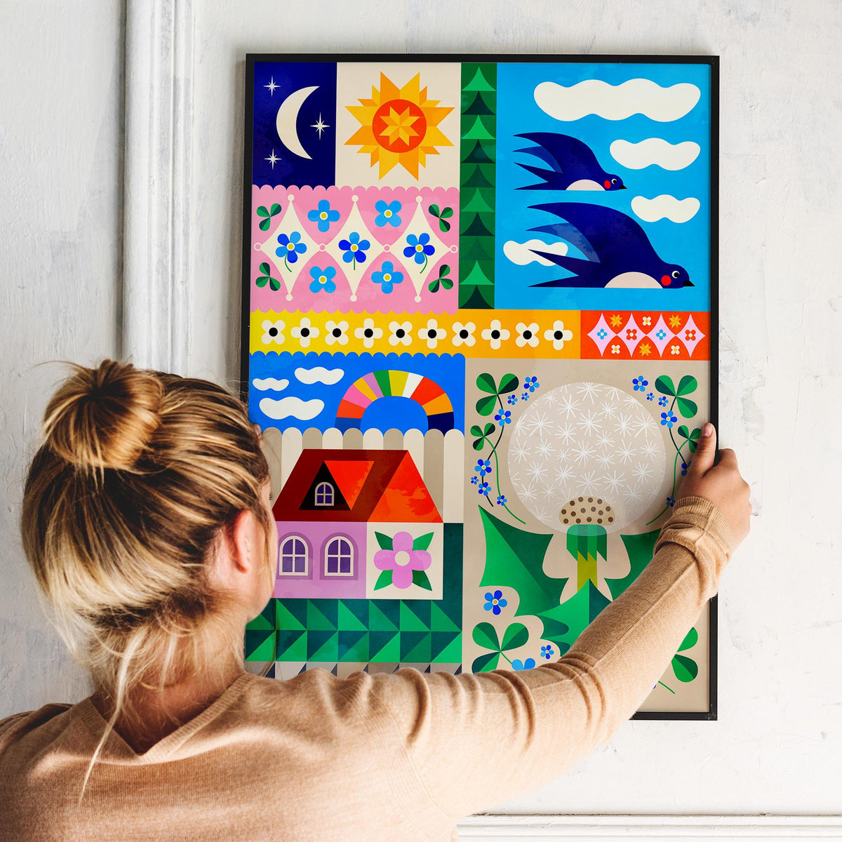 Spring Collage Art Print | Colorful Flowers Folk Wall Art