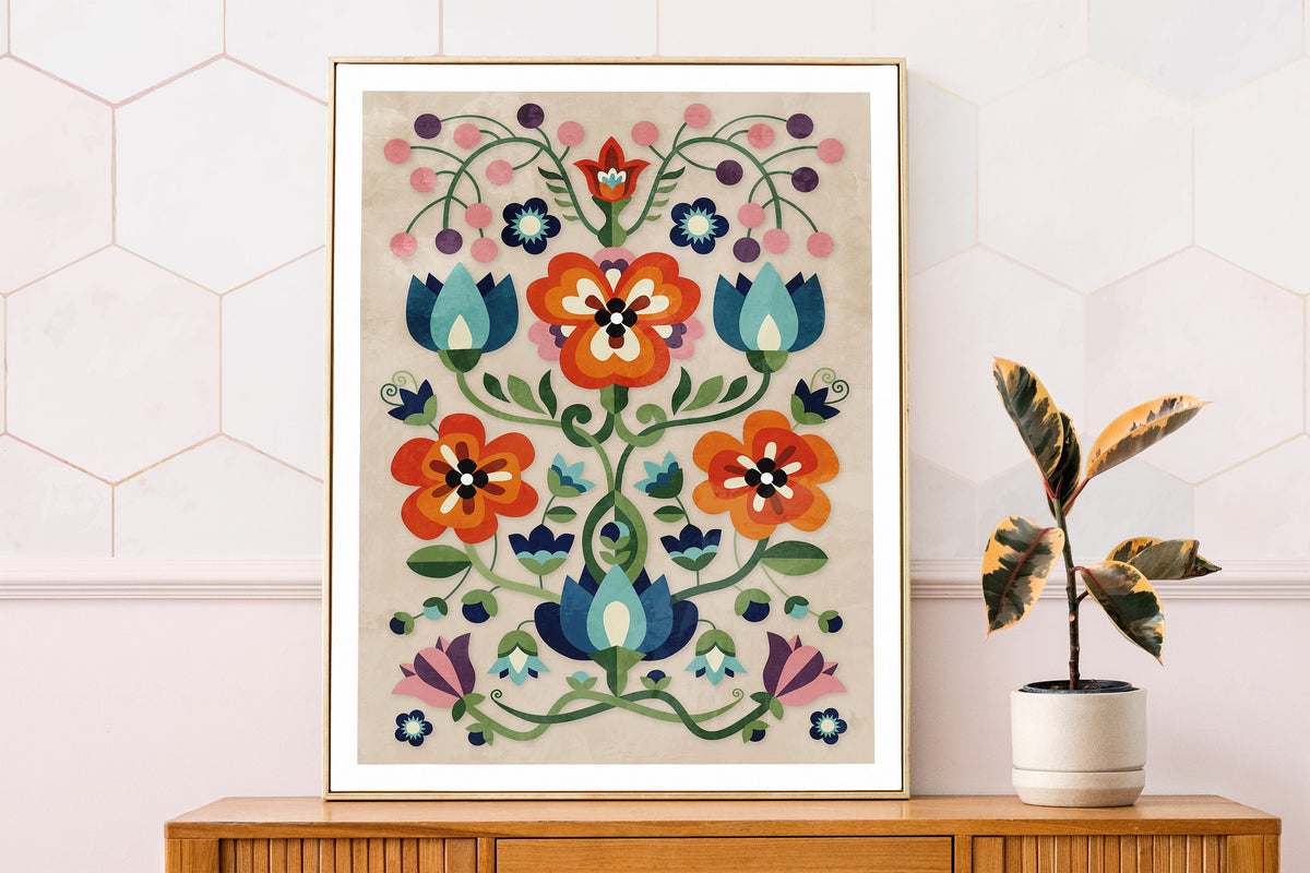 Mountain Flowers Fine Art Print | Folk Motif Floral Wall Art