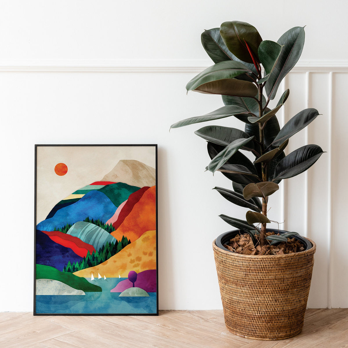 Mountain by the Lake Art Print | Colorful Landscape Illustration
