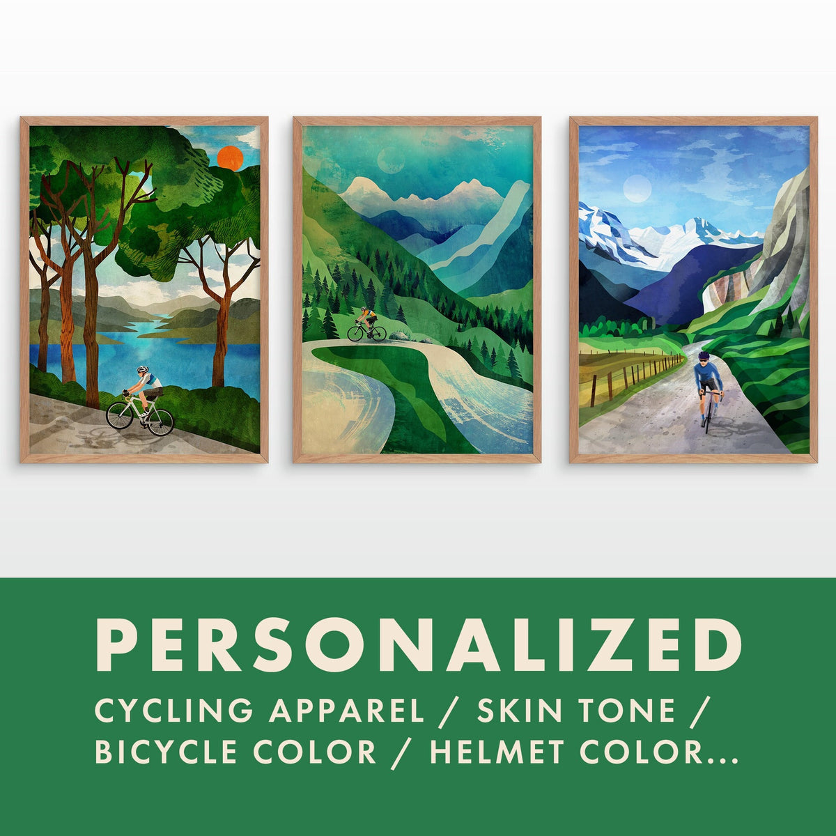 Three framed cycling landscape prints are displayed side by side above a green banner with text reading 'PERSONALIZED CYCLING APPAREL / SKIN TONE / BICYCLE COLOR / HELMET COLOR.