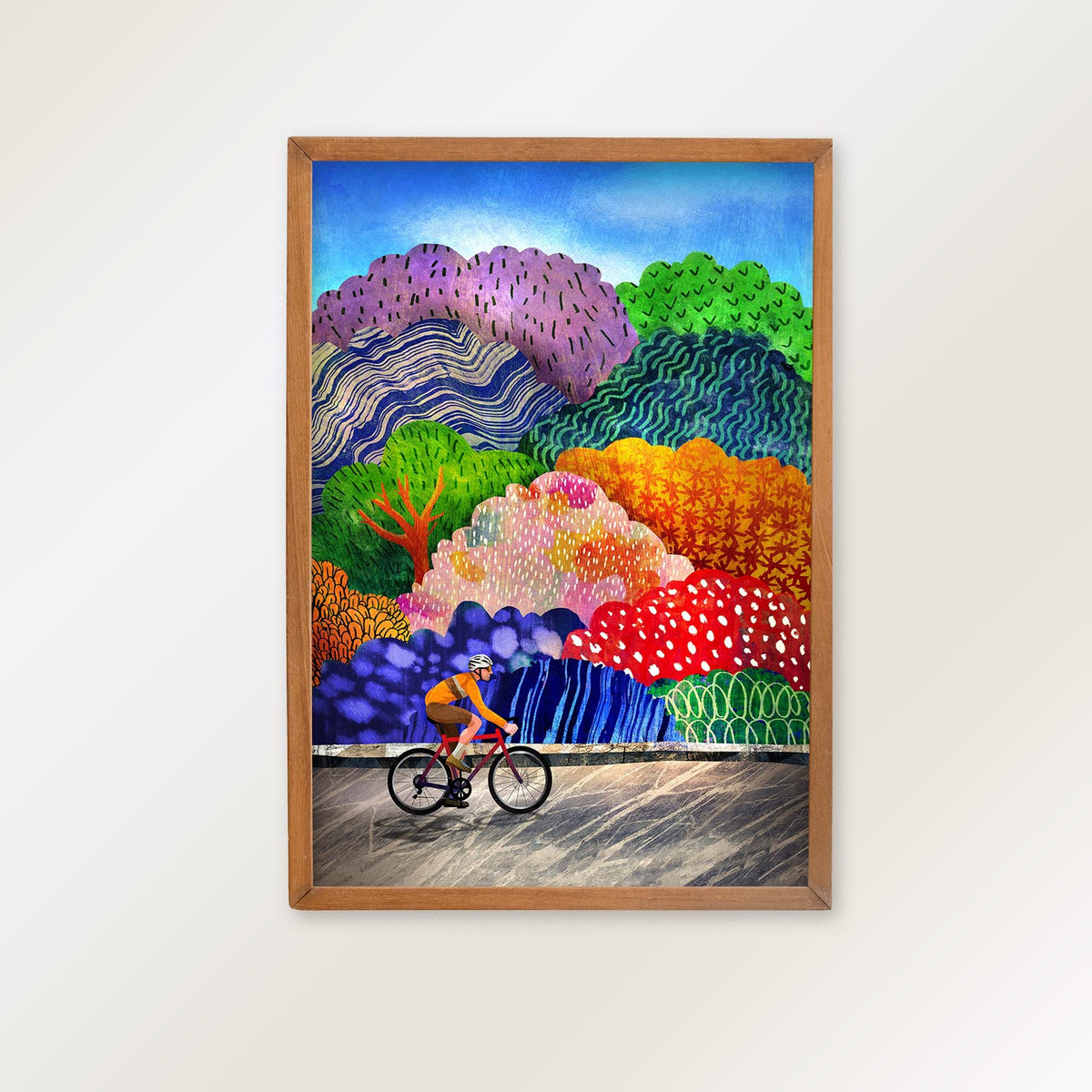 Cyclist Art Print | Colorful Forest Cycling Wall Art