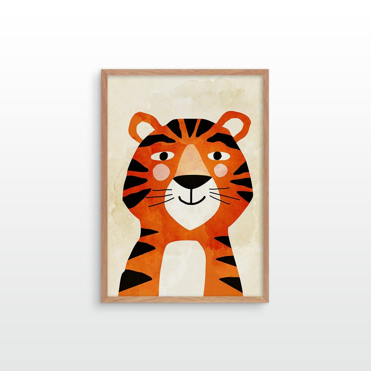 A framed art print featuring a stylized orange tiger face with black stripes on a cream background