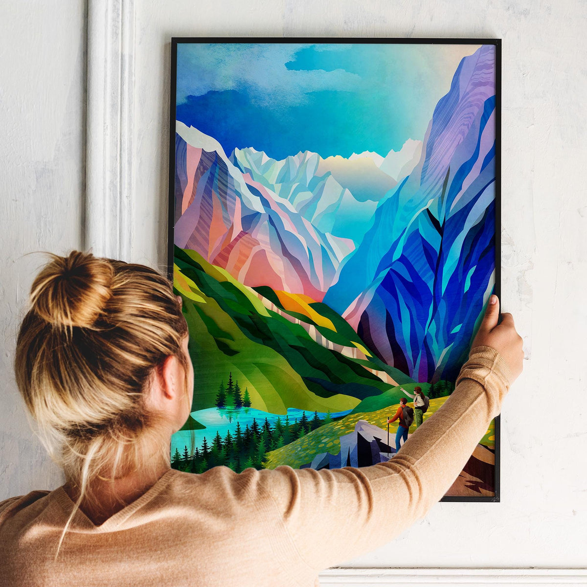 Hiking Couple Art Print | Colorful Mountain View Wall Art