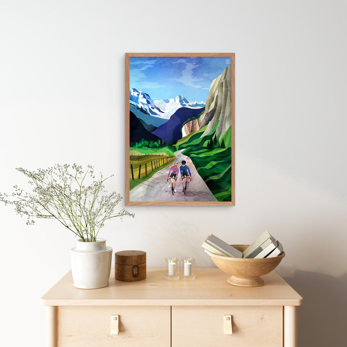 Cycling Couple Art Print | Alps Mountain Bicycle Wall Art