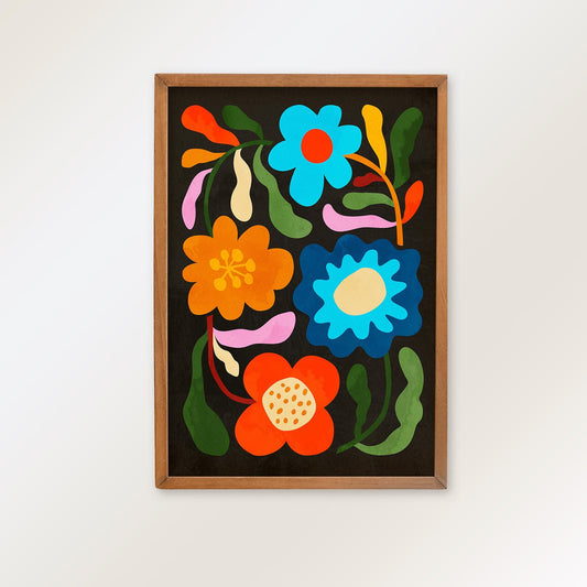A framed art print featuring a colorful folk-art floral design on a dark background, hung on a plain white wall.