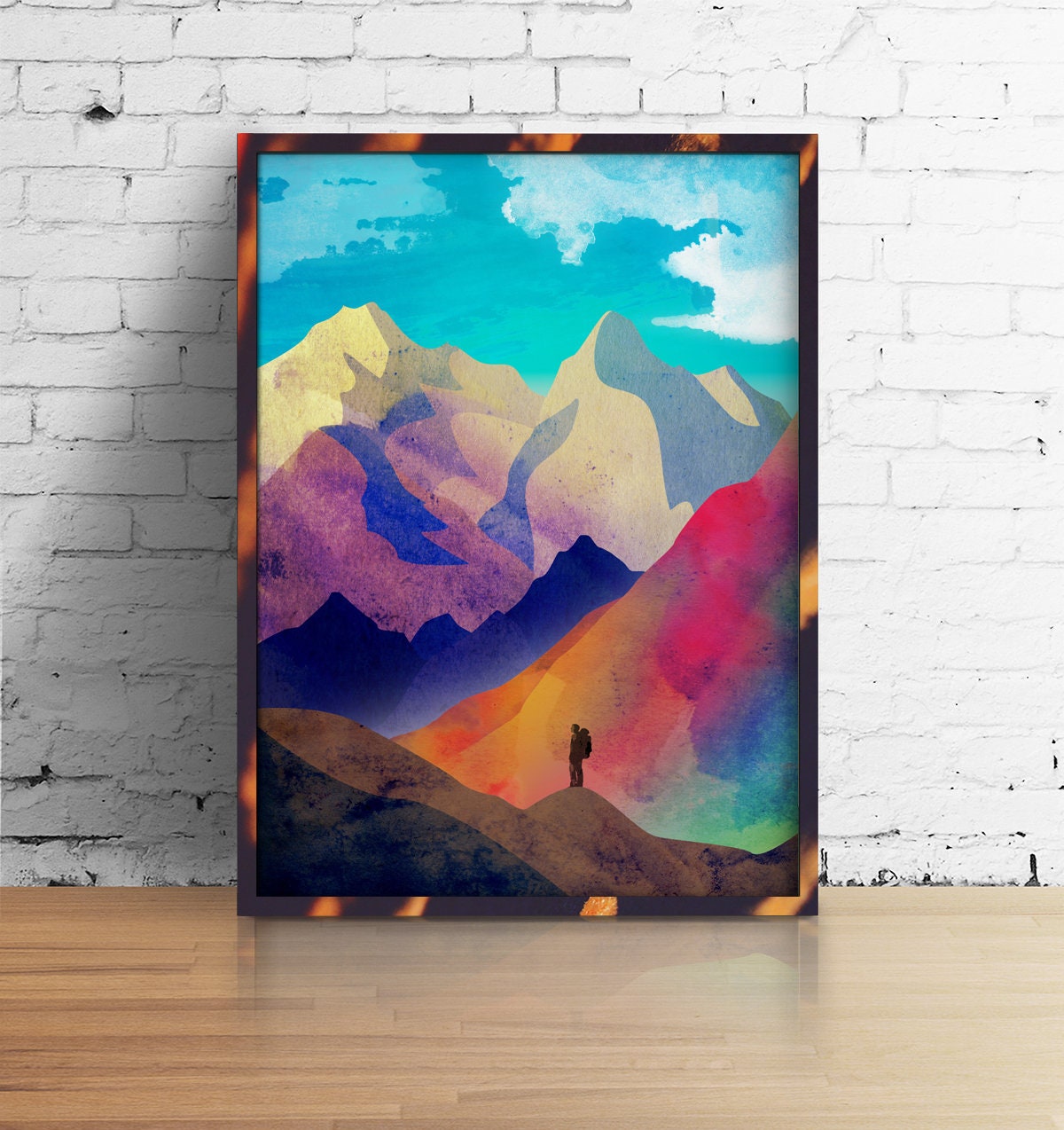 Mountain Lake Art Print | Colorful Hiking Illustration Wall Art