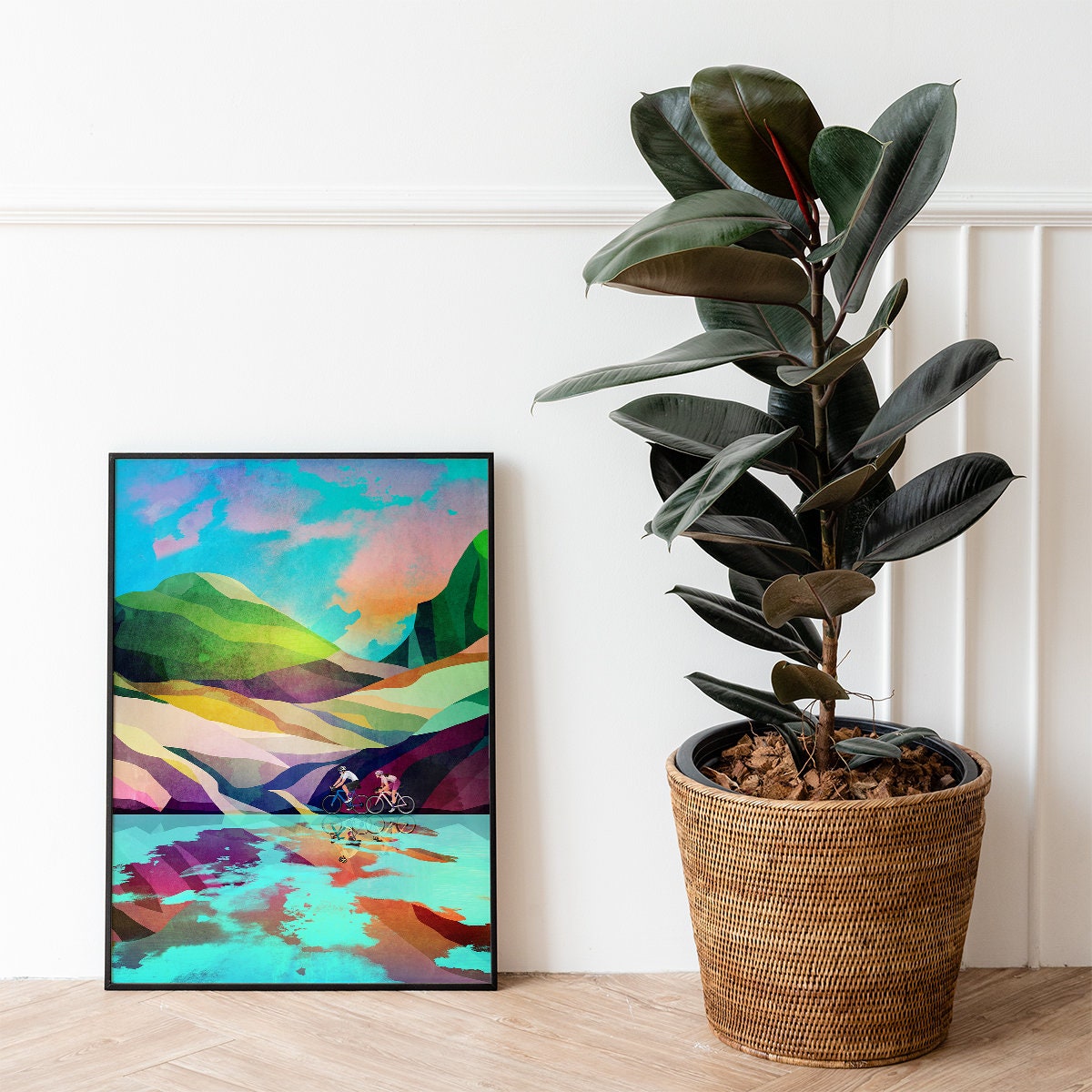 Cycling Couple Art Print | Crystal Clear Lake Bicycle Wall Art