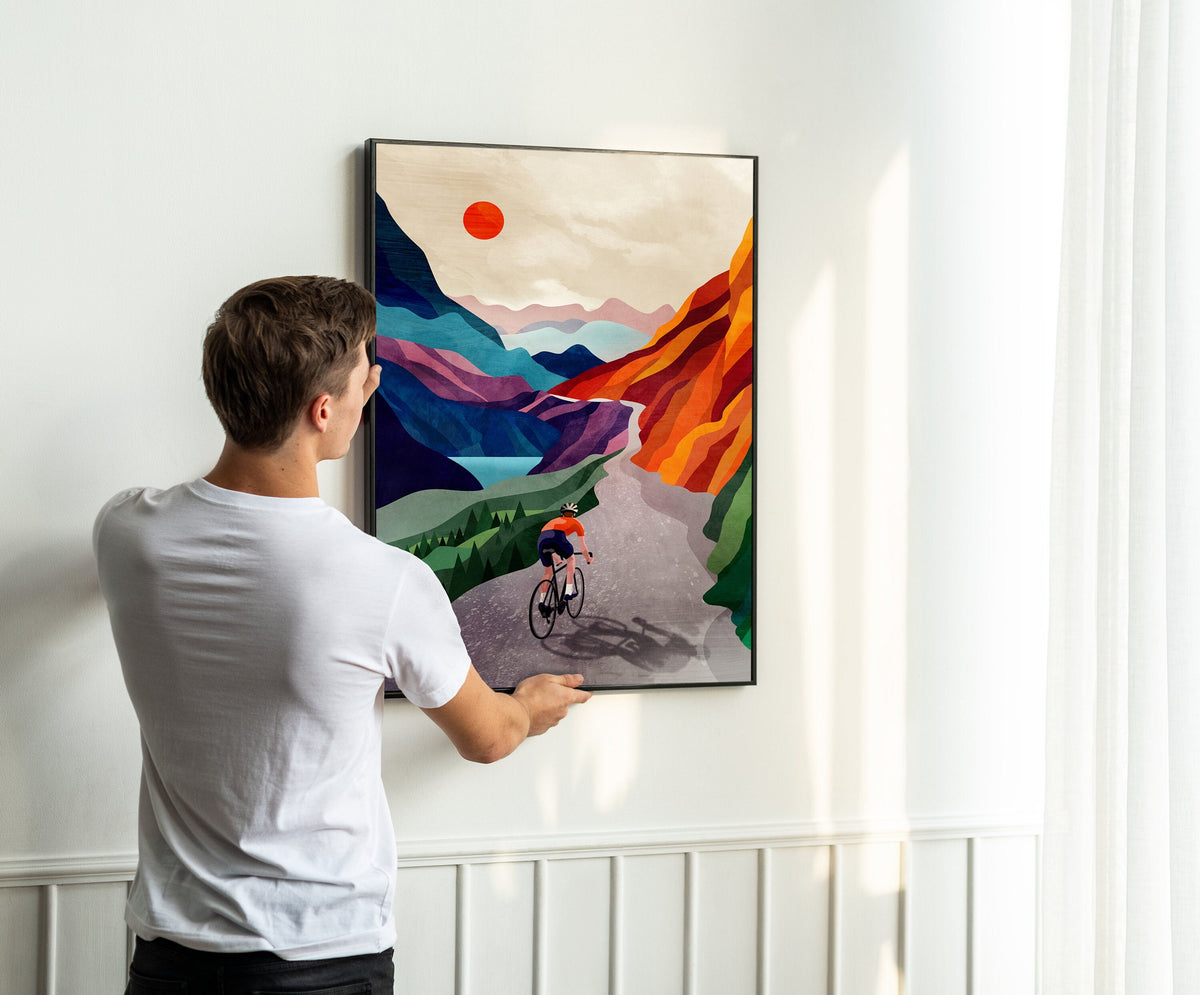 Cycling Art Print | Colorful Mountain Landscape Cyclist Gift