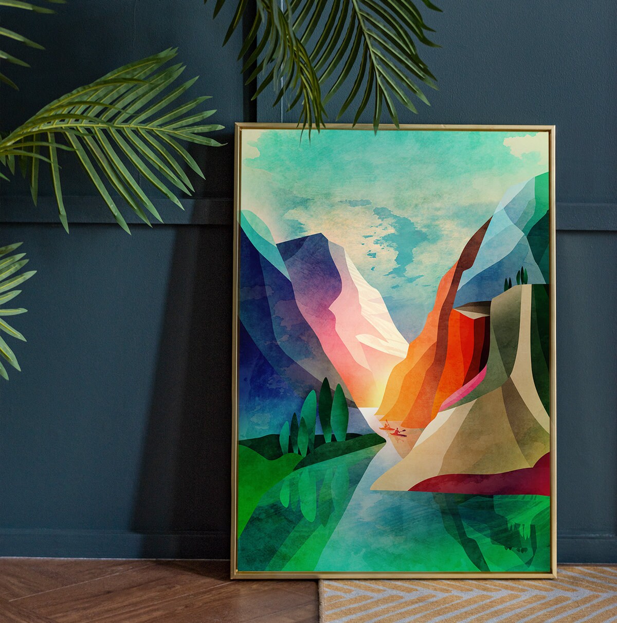 Canyon Kayaking Art Print | Kayak Lake and Mountains Wall Art