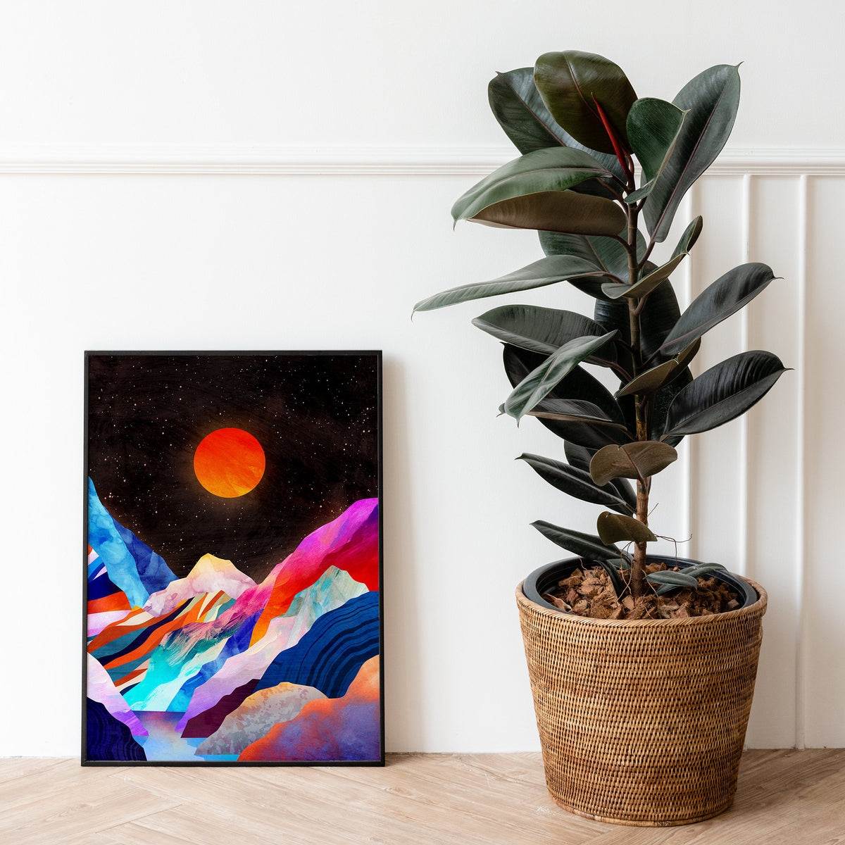 Moon Over Mountains Art Print | Celestial Landscape Wall Art